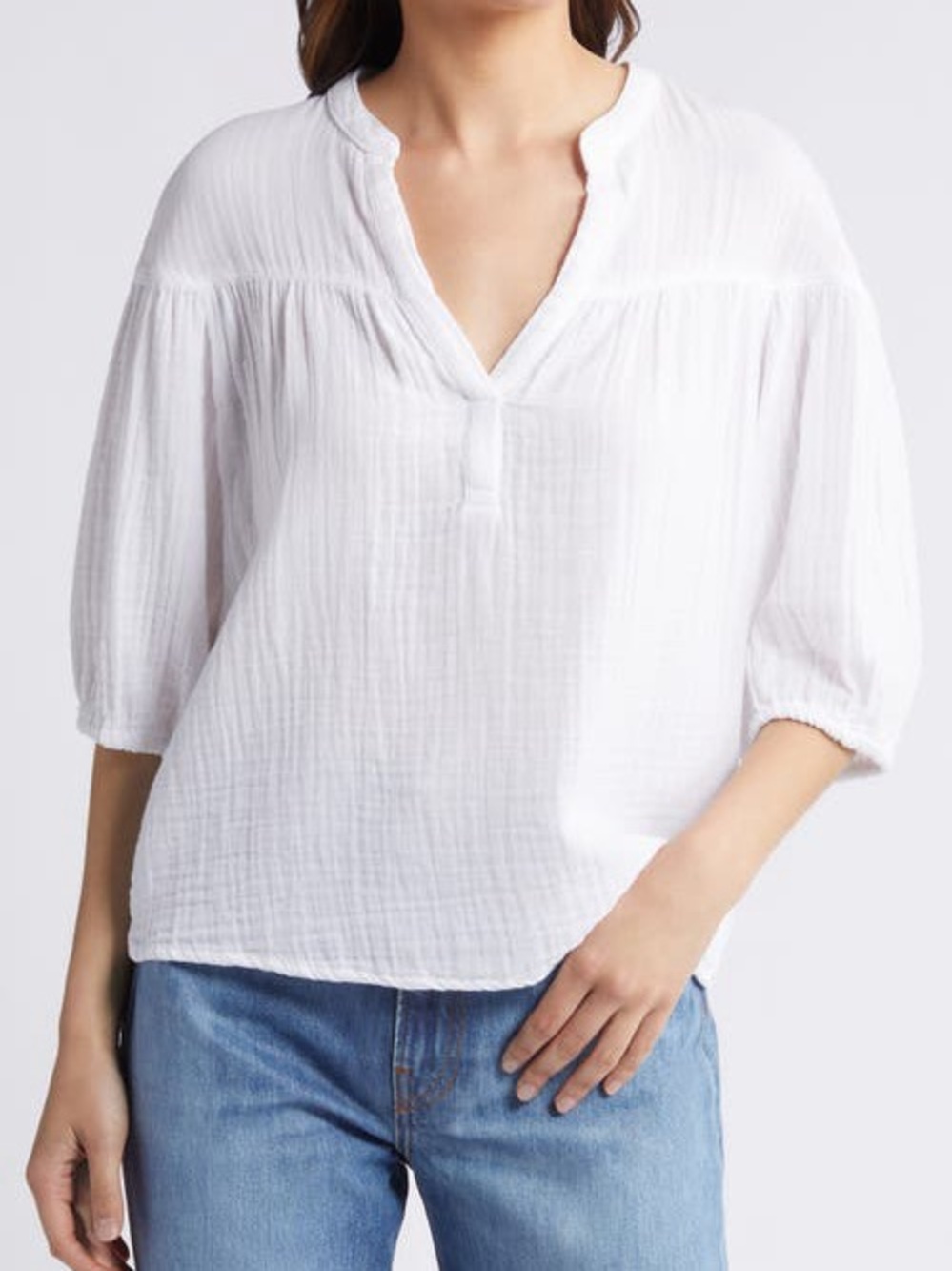 Xirena White Cotton Gauze Peasant Blouse 3/4 Sleeve Relaxed Top Size M